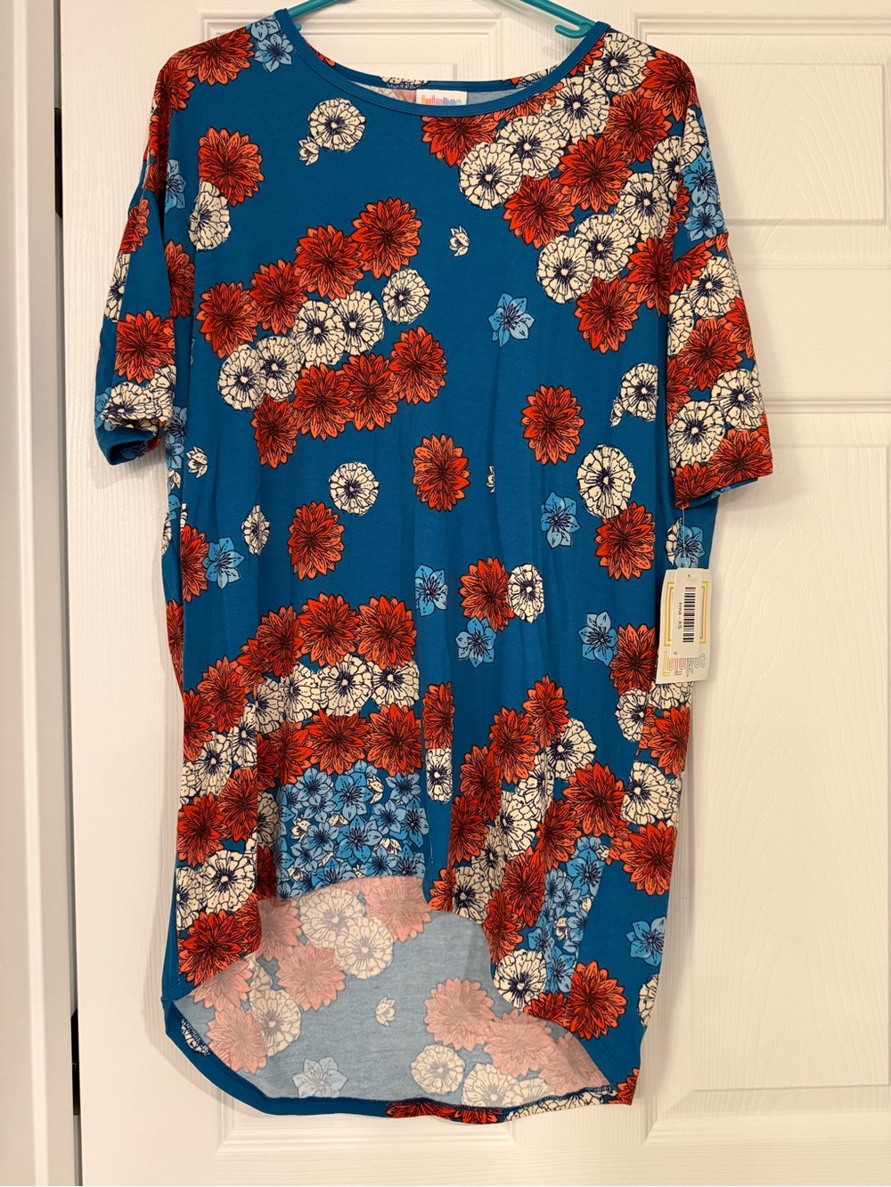 LuLaRoe Irma Blue Top with Red and Cream Blooms